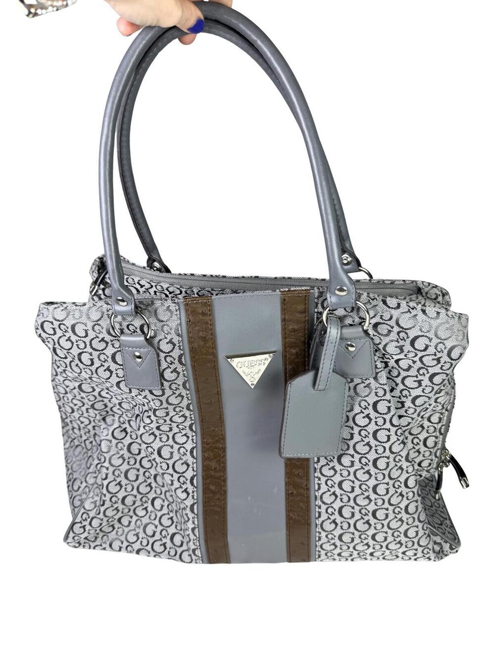 Guess Y2K Logo Weekender Travel Tote Bag Gray Monogram Large